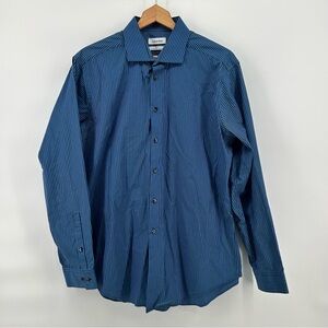 Calvin Klein Shirt Mens 17 34/35 Performance Slim Fit Blue Black Striped Retro
